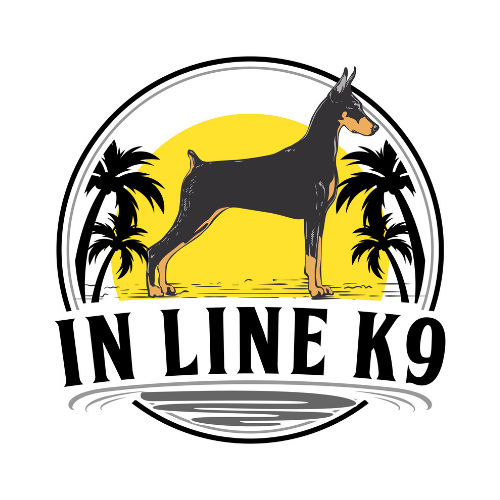 In Line K9 logo, a doberman between palm trees